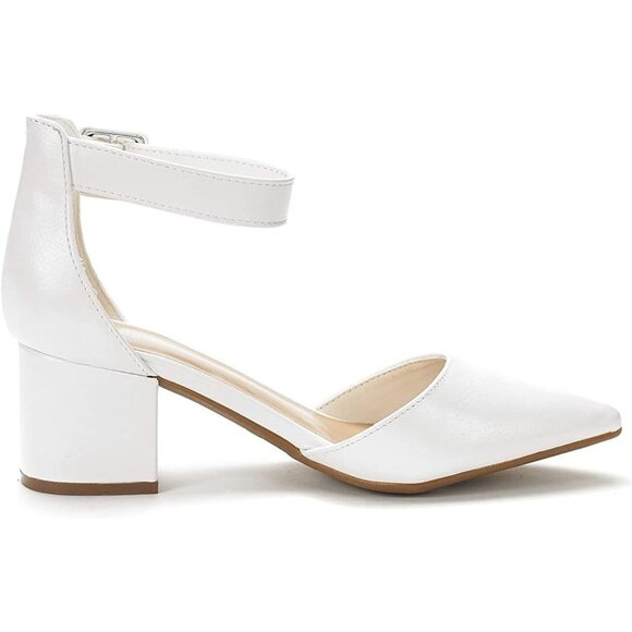 🆕 Women White Chunky Closed Toe Low Block Heels Dress Pointed Ankle Strap Pump - Picture 4 of 9